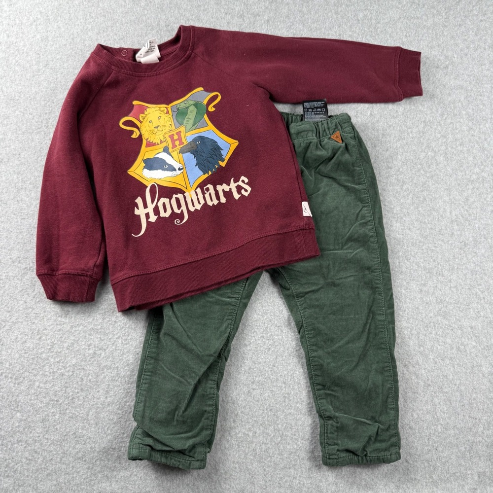 H&M Harry Potter Hogwarts Sweatshirt & Corduroy Pants Set 2T Green Burgundy